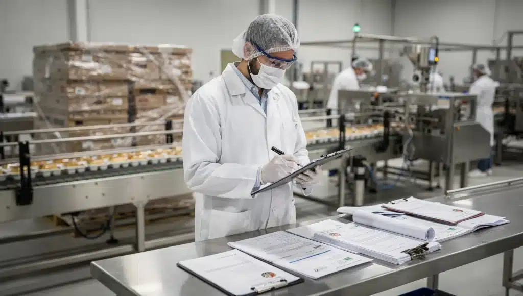 Tecnico qualità in uno stabilimento alimentare mentre controlla dossier di ingredienti e formulazioni vicino alla linea di produzione